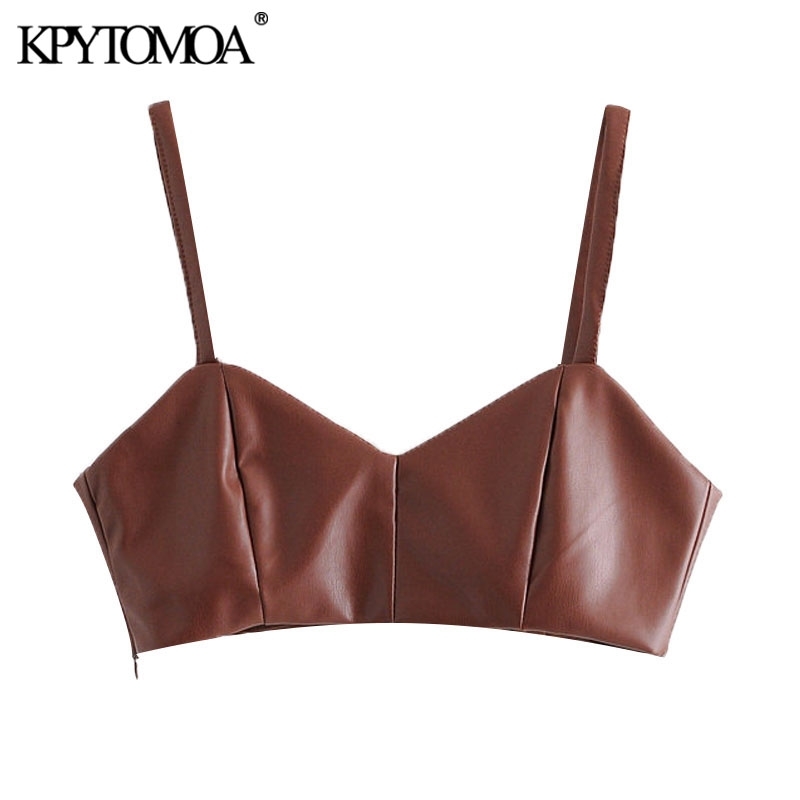 KPYTOMOA Women Sexy Fashion Faux Leather Cropped Tank Top Vintage Backless Side Zipper Thin Straps Female Camis Chic Tops 210308