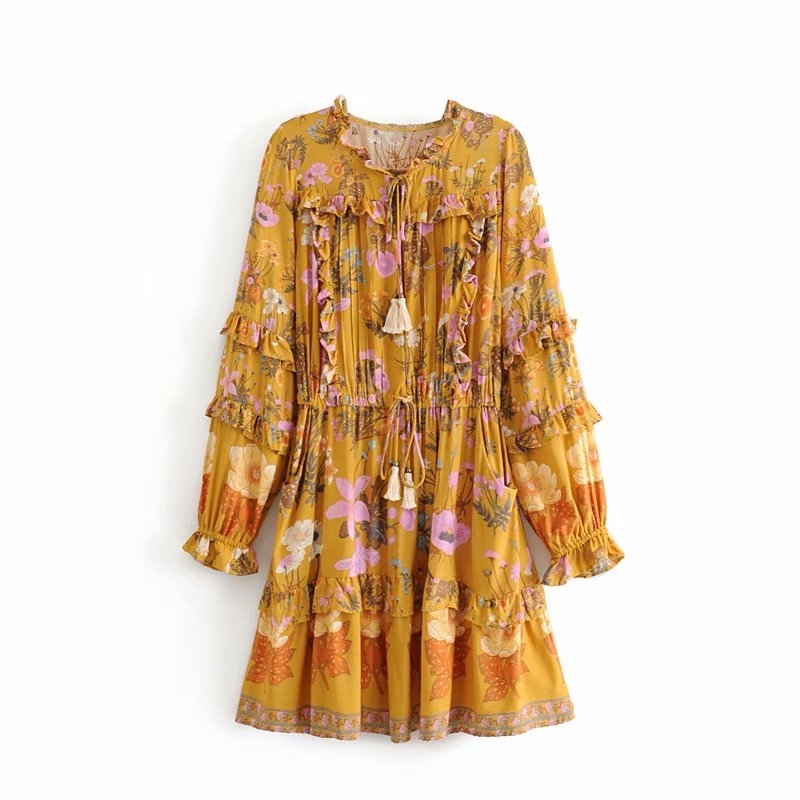 Vintage chic women floral print long sleeve v-neck ruffles beach Bohemian dress tassel rayon mini Boho dress vestidos T200320