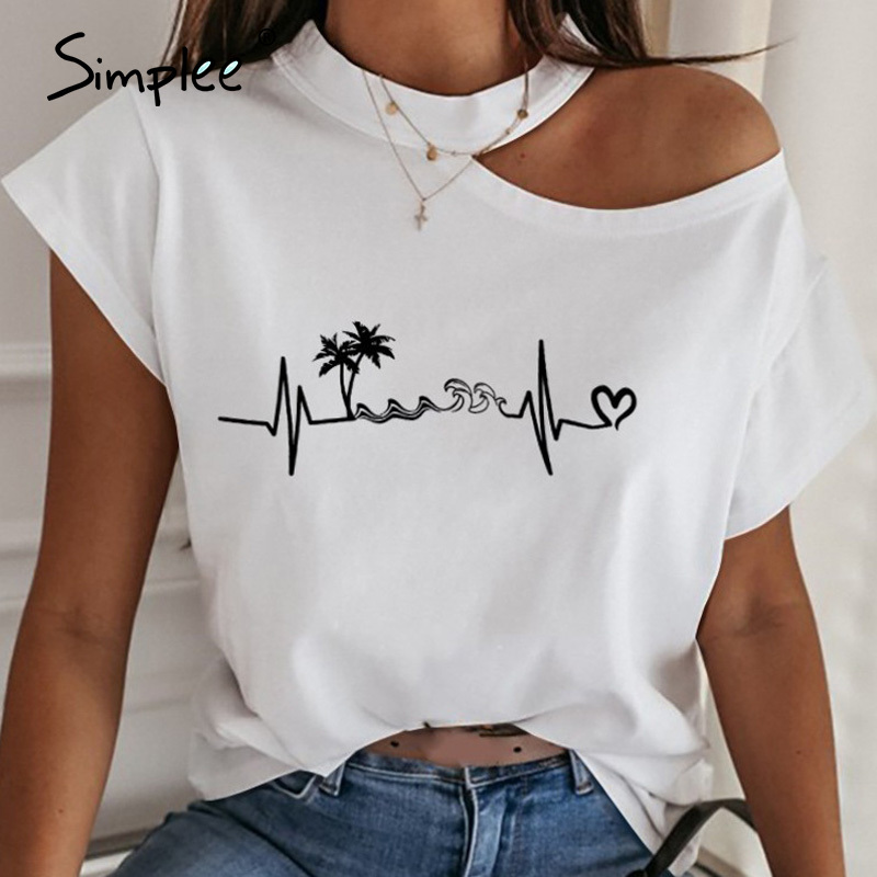 Simplee Casual solid short sleeve women shirt Sexy strapless irregular t shirt Spring summer slim ladies halter shirt social 210306
