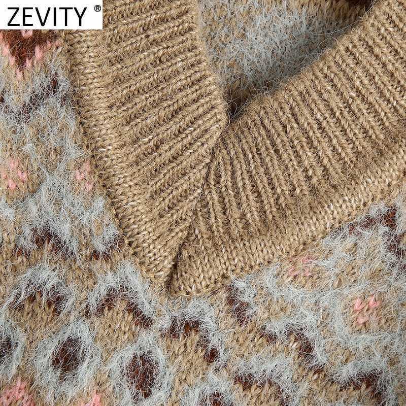 Zevity Women Vintage V Neck Long Sleeve Print Short Knitting Sweater Female Retro Patchwork Casual Chic Pullovers Tops S522 210603