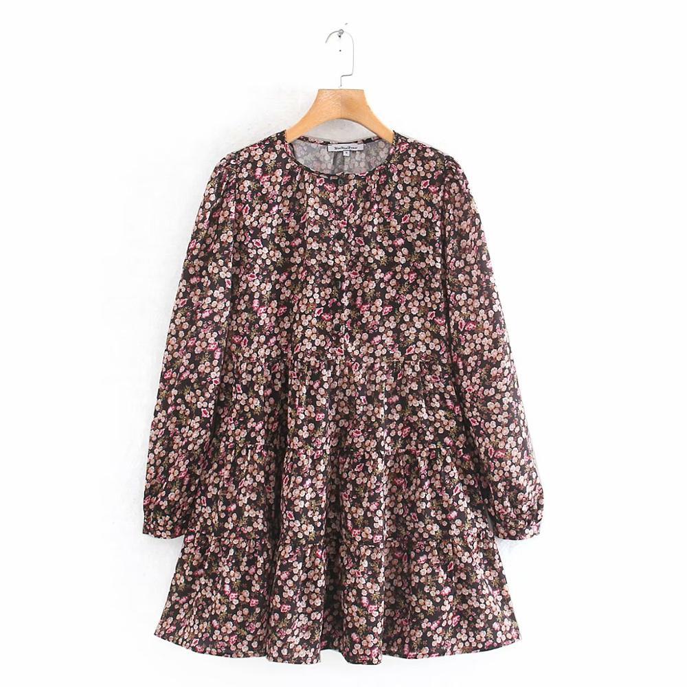 Spring women elegant long sleeve floral print casual shirtdress female o neck leisure mini vestidos chic ruffles dresses 210309