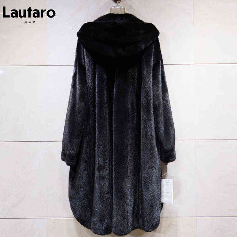 Lautaro Winter Long Black Thick Warm Faux Mink Fur Coat Women with Hood Long Sleeve Korean Fashion Fluffy Jacket One Size 211123