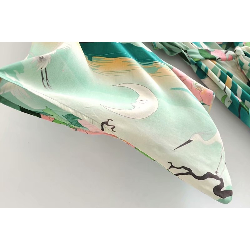 Boho Vintage green Floral Print Sashes Women bohemian V Neck batwing Sleeves happie Blouses Casual Blusas robe Kimono T200321