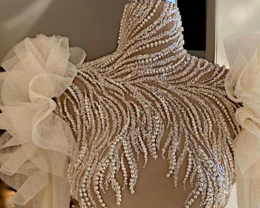 aso ebi arabic luxurious sexy champagne evening dresses beaded pearls prom dresses high neck formal party second reception gowns zj505