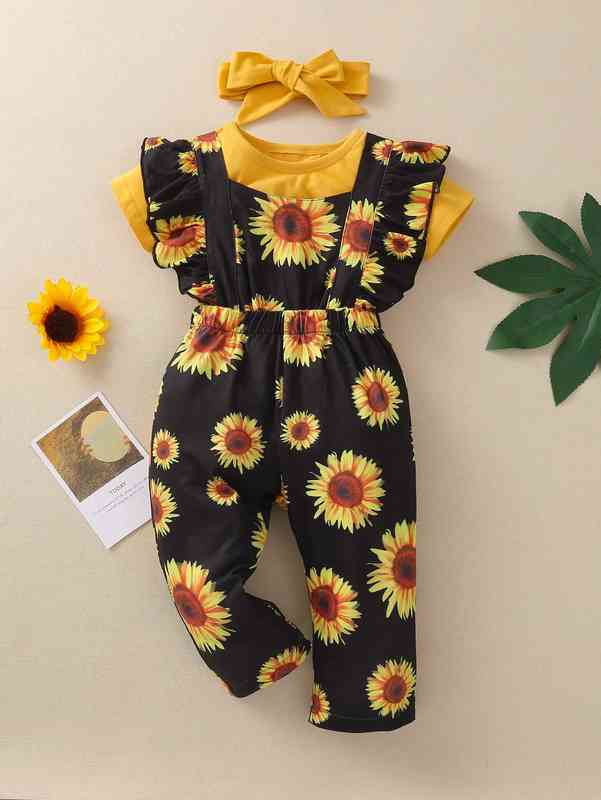 Baby Girl Bodysuit & Ruffle Floral Jumpsuit & Headband SHE