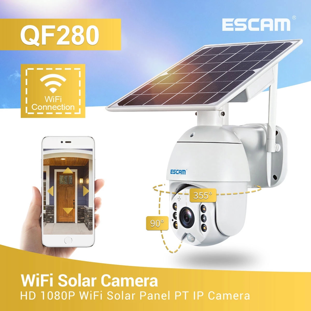 ESCAM QF280 1080P Cloud Storage PT WIFI PIR Alarm IP Camera With Solar Panel Full Color Night Vision Two Way IP66 Waterproof Audio Camera