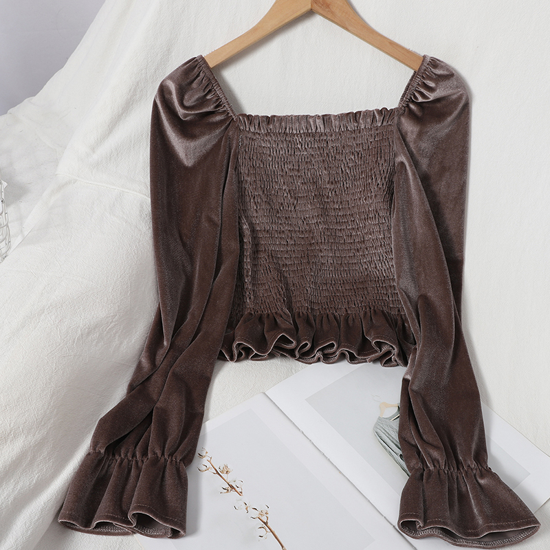 OCEANLOVE Korean Women Blouses and Tops Solid Sqaure Neck Vintage Short Shirts Elegant Autumn Velour Blusas Slim Ruffles 18434 210225