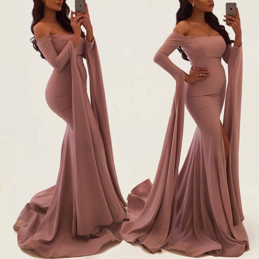 Off-Shoulder Fishtail Evening Party Dresses Slash neck Sheath Solid Custom Made Off-Sleeve Sweep Train Gowns High Quality