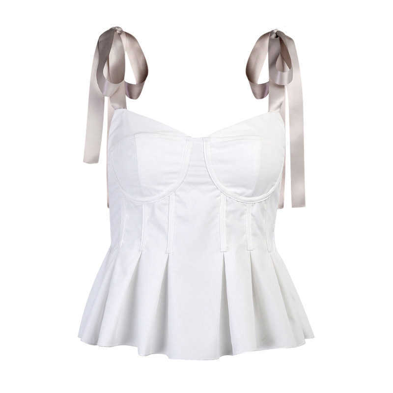 Hbenna Bow Lace up Crop Top Women Elegant V-Neck Ruffles Hem Camis Pink Strap Tank Top Summer White Ruched Sleeveless Top Sexy 210625