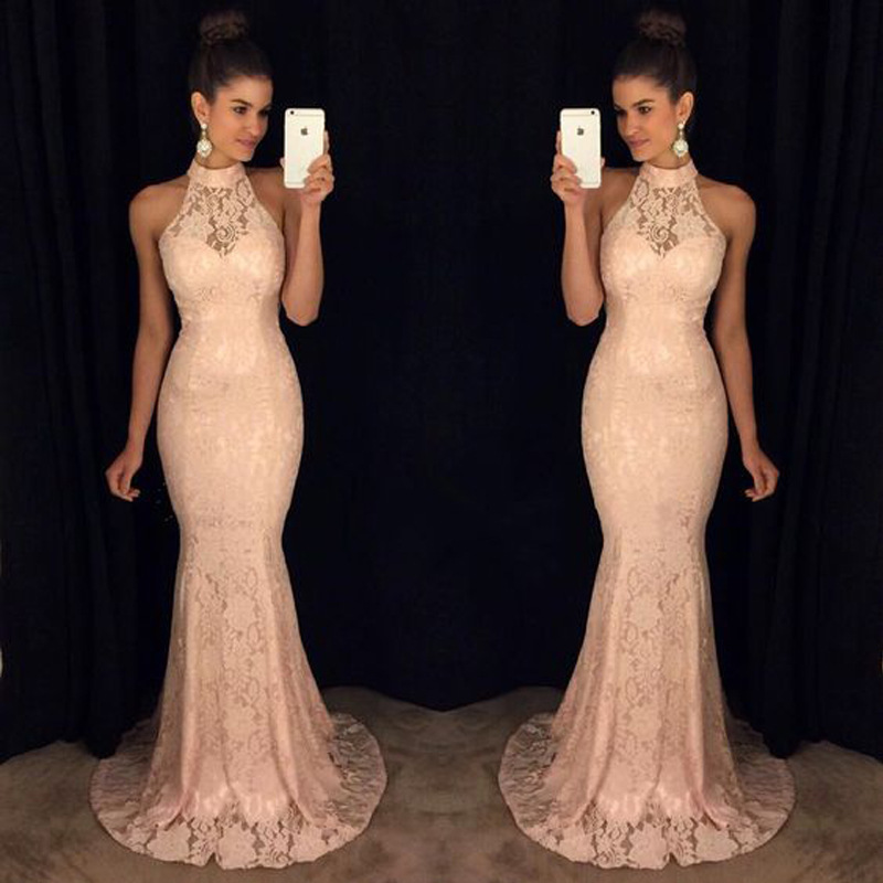 2021 Cheap Full Lace Mermaid Evening Dresses Sexy Backless Halter Sleeveless Long Prom Party Dress Women Special Occasion Gowns