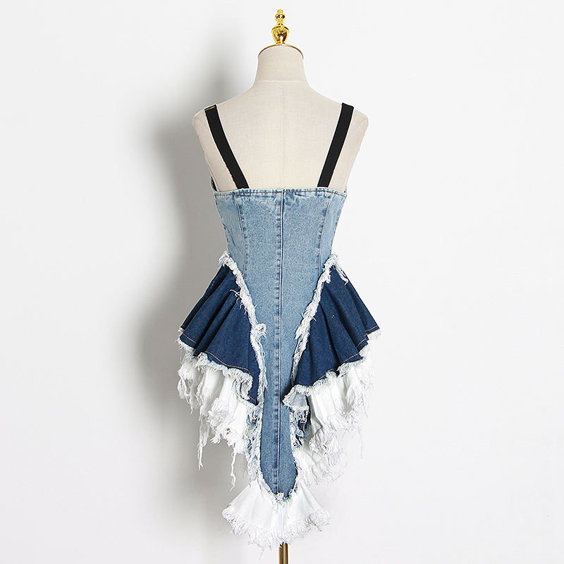 DEAT 2021 Sexy Patchwork Denim Women Tops Square Collar Sleeveless Spaghetti Strap Mesh Ruffles Hit Color Vests Female MK142 210308