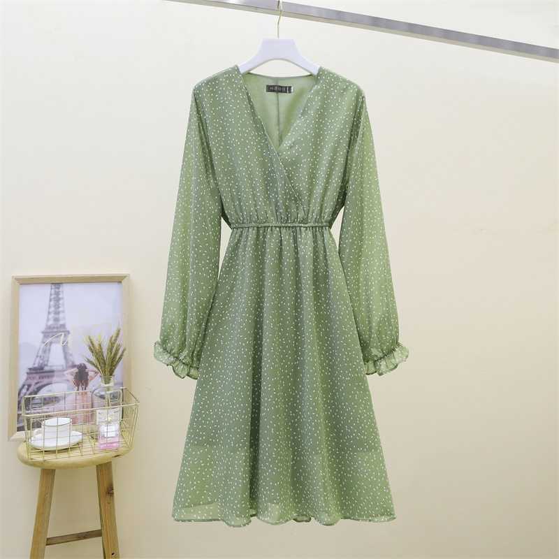 NIJIUDING Autumn Latest High Waist V-neck Waist Slimming Printed Mid-length Chiffon Dress Ladies Small Fresh Wild Plus Size 4XL 210630