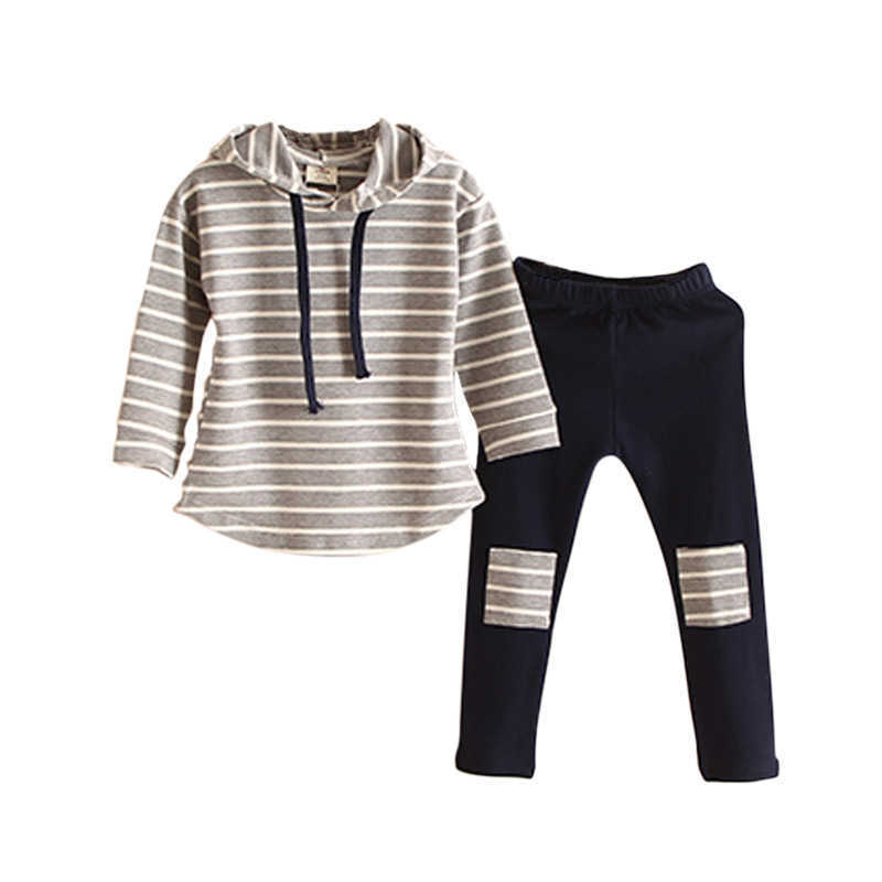 Autumn Spring 2 3 4 6 7 8 Years Striped Long Sleeve Cotton Hoodies Tops+Leggings Baby Kids Girl 2Pcs Outfits Clothing Sets 210529