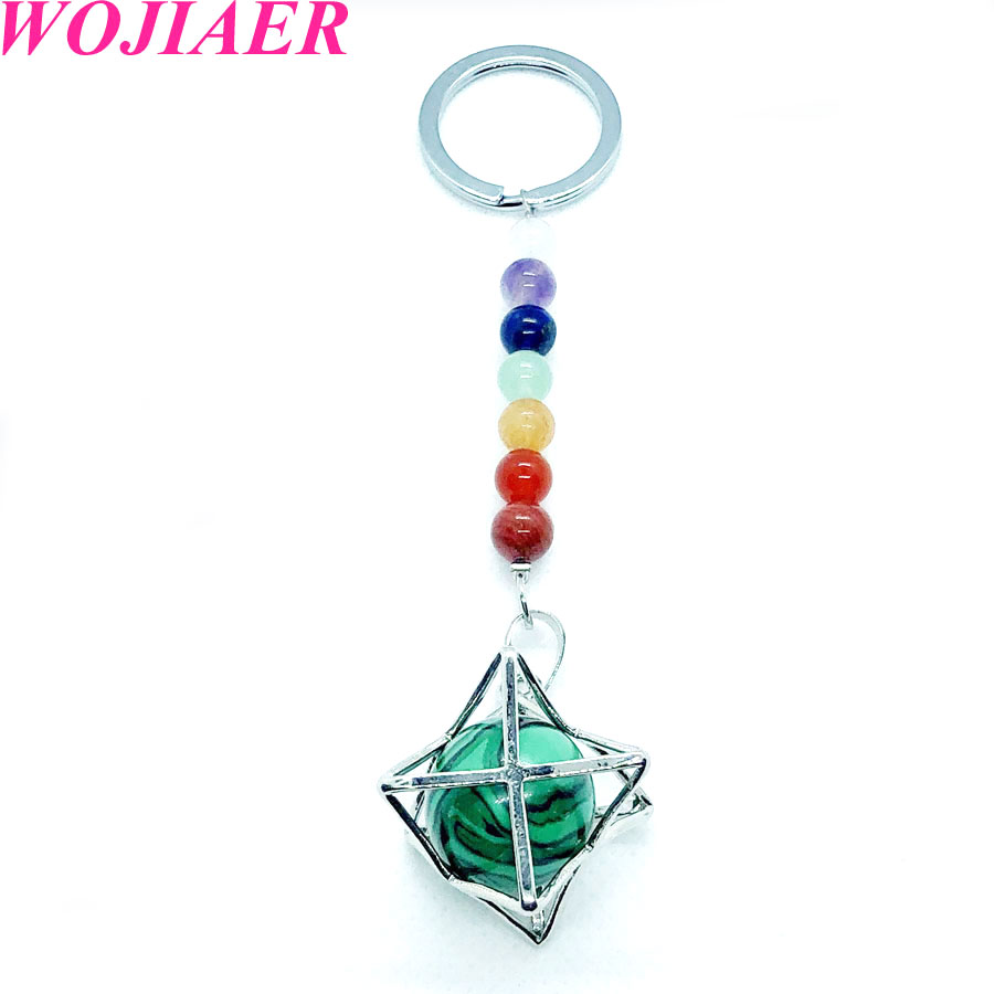 WOJIAER 7 Chakra Quartz Keychain Natural Gem Stones Beads Key Ring Merkaba Locket Pendant Car Bags Accessories Jewelry BW909