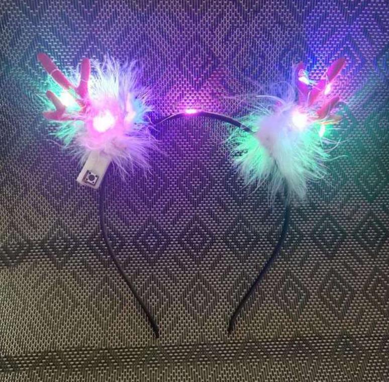 LED Fluffy Feather Antlers Headband Christmas Glowing Light Up Flashing Deer Ears Hairband Costume Fancy Cosplay Party Decor with battery