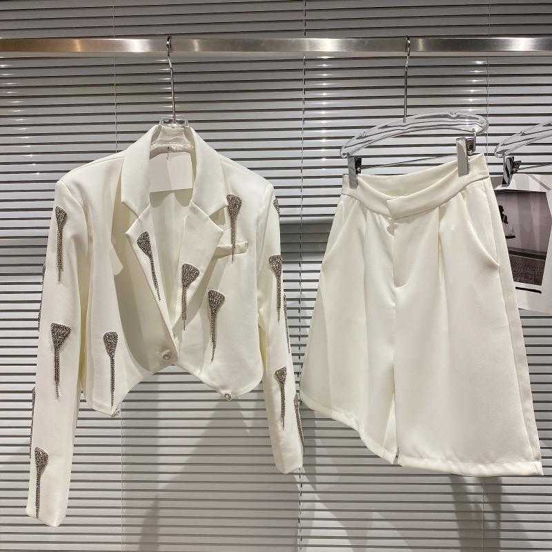 DEAT Women Tassel Chain Long Sleeve Suit Half Straight Pants Two Piece Set Fashion Spring Summer 11B060 210709