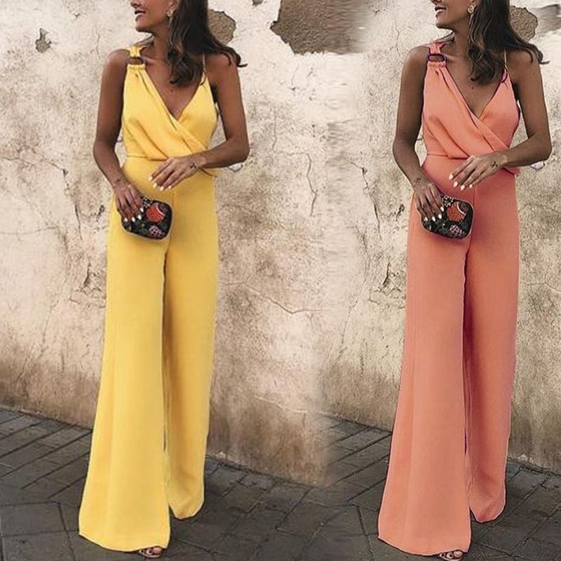 Summer Sexy Deep V Neck Party Jumpsuit Women High Waist Solid Overalls Elegant Sleeveless Long Wide Leg Pants Bodysuit XL T200509