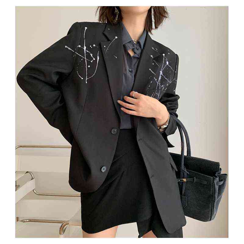 Fashion Women's Blazer Long Sleeve Niche Splash-ink Printed Casual Black French Suit Jacket Autumn 211122