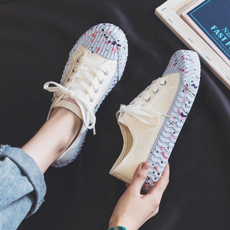 White Shoes Women's 2021 New Popular Autumn Korean-style Splash-ink Canvas Girls All-match Skateboard Biscuits Y0907