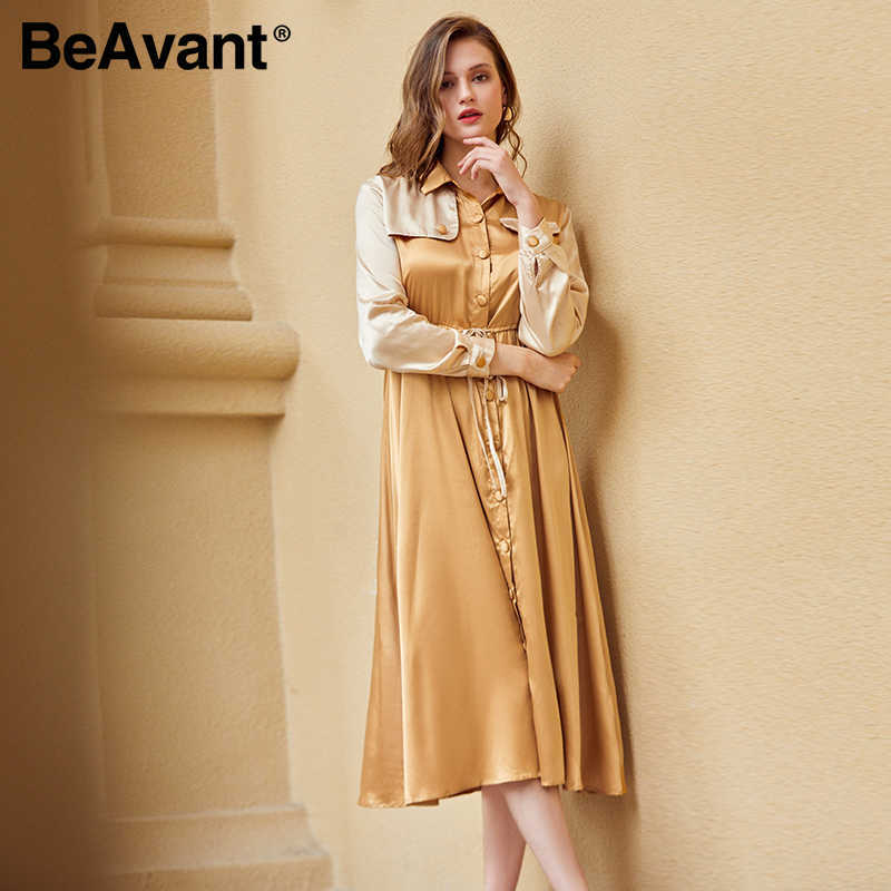 BeAvant Women's elegant Khaki mid waist long sleeve dress autumn winter long female versatile solid color satin dress 210709