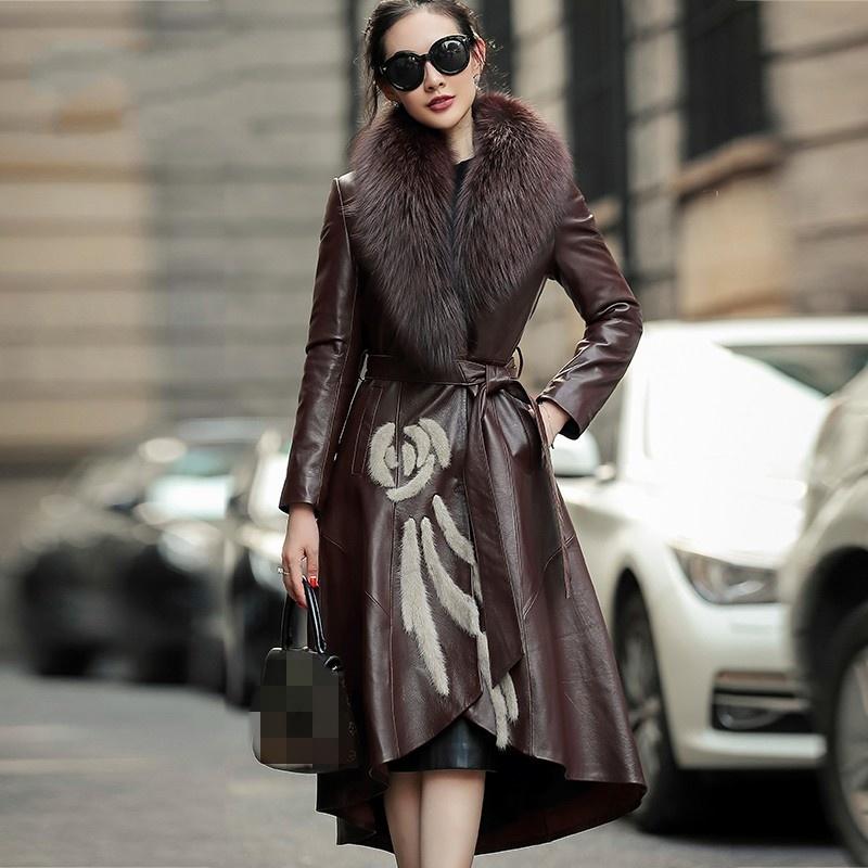 Women's Leather & Faux Big Fur Collar Goatskin Down Jacket Women Mink Embroidered Slim Coat Winter High Quality Lady Long Streetwear, Black
Women's Leather & Faux Big Fur Collar Goatskin Down Jacket Women Mink Embroidered Slim Coat Winter High Quality Lady Long Streetwear, Black
