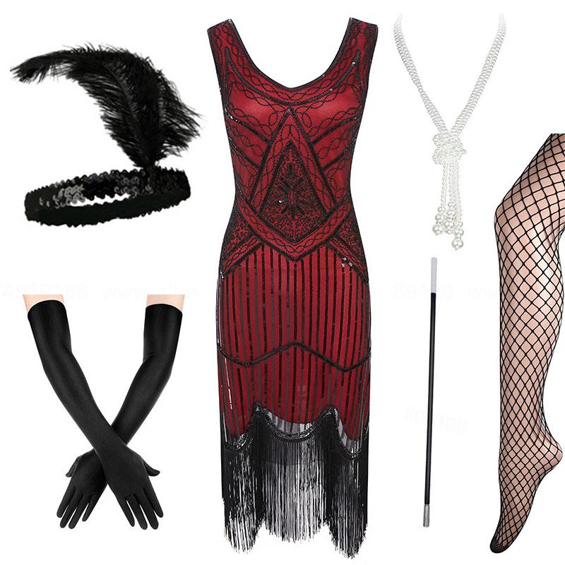Casual Dresses Plus Size 4XL Women's Flapper 1920s Sequin Beaded Fringed Great Gatsby Dress W/Accessories Set XS-XXXXL