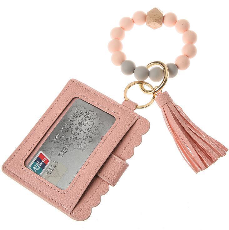 US Stock Fashion PU Leather Bracelet Wallet Keychain Party Favor Tassels Bangle Key Ring Holder Card Bag Silicone Beaded Wristlet Keychains Handbag