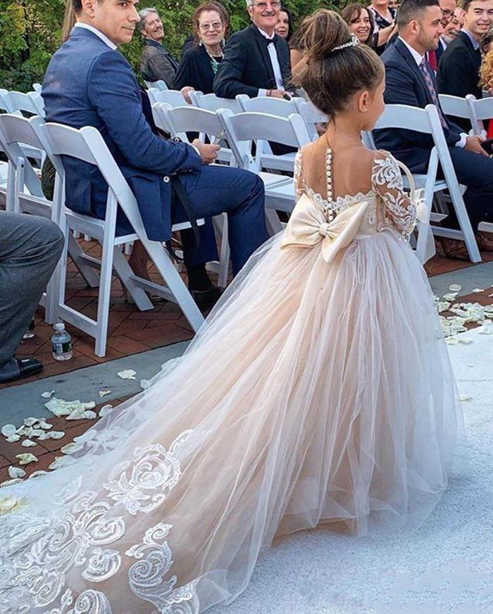 Blush Flower for Weddings Ball Gown Sleeves Tulle Lace Bow Long First Communion Dresses Little Girl