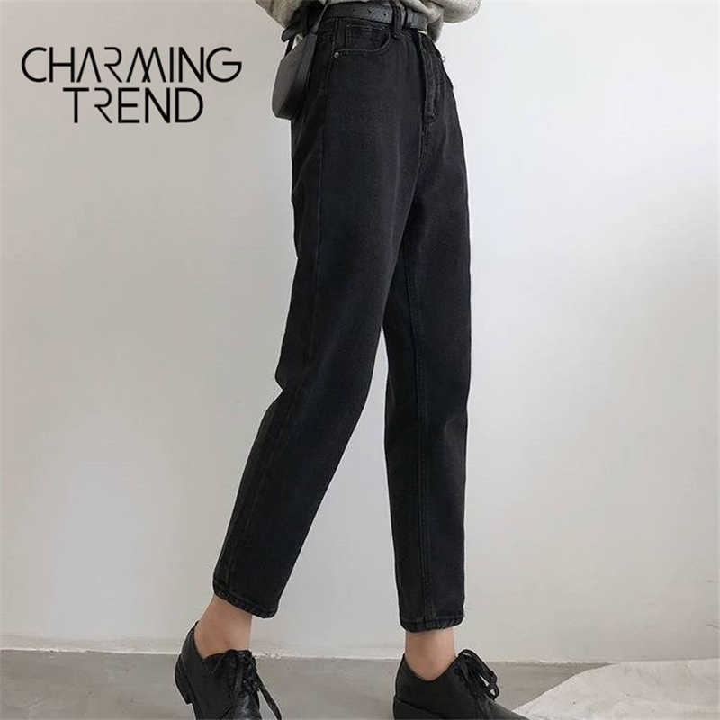 Womens Jeans Pant Black Korean Crop Girls Students Vintage Solid Long Pants Fit Female High Waist Denim Women 210922