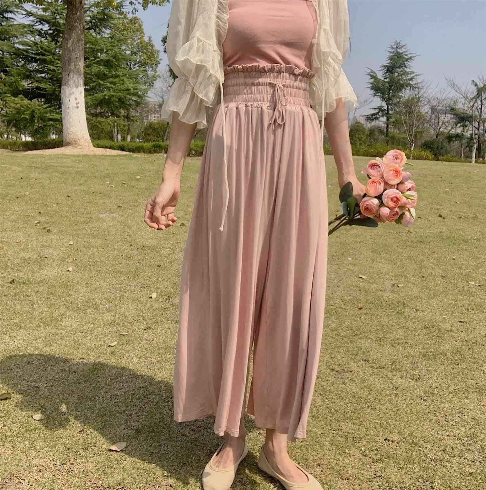 WOMENGAGA Spring Summer Women's Simple Leisure High Waist Wide Leg Pants Loose And Tight Thin Trousers 88YY 210603