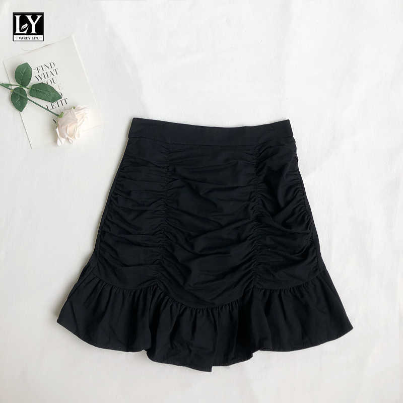 LY VAREY LIN Spring Summer Women Casual Solid Color Mini Mermaid Skirt Office Lady High Waist Folds Ruffles Short 210526