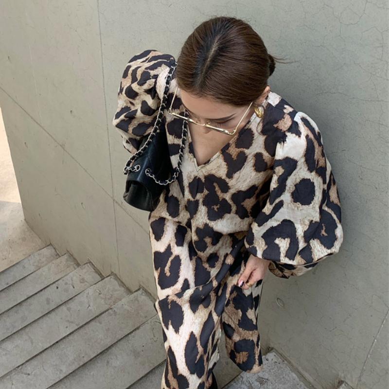 Casual Dresses Vintage Women Leopard Print Dress Loose V-Neck Three-Quarter Sleeve Maxi Korean Clothing Female Robe Fashion Vestidos