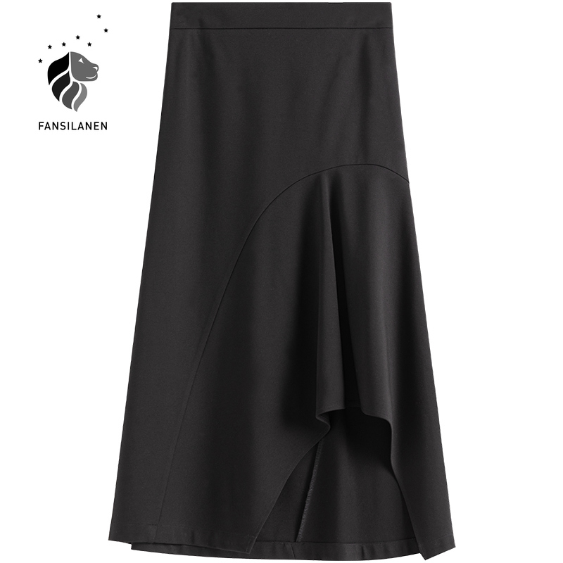 FANSILANEN Asymmetrical ruffle elegant black long skirt Women high waist autumn sexy a-line skirt Female slim vintage skirt 210309