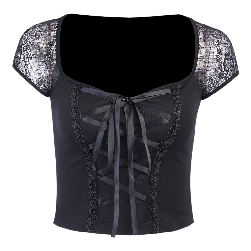 Goth Girl Sexy Street T-shirt Women Lace Patchwork Square Collar Short Sleeve Clothes Gothic Punk Lacing Slim Dark Top Tee Femme 210302
