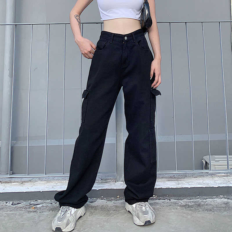 Weekeep Fashion Streetwear Women Jeans Pocket High Waist Korean Casual Straight Harajuku Denim Pants Baggy Cargo 210922
