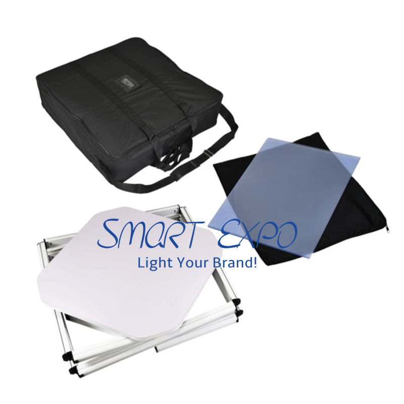 Portable Folding Promotion Counter Advertising Display with Twist Aluminum Structure Printed PVC Lens Cover Wooden Table Board Easy Carry Bag
