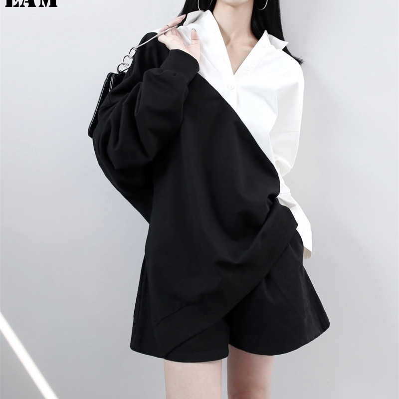[EAM] Spring Lapel Long Sleeve Solid Color Black White Split Joint Loose Big Size Sweatshirt Women Fahion Tide JC319 201112