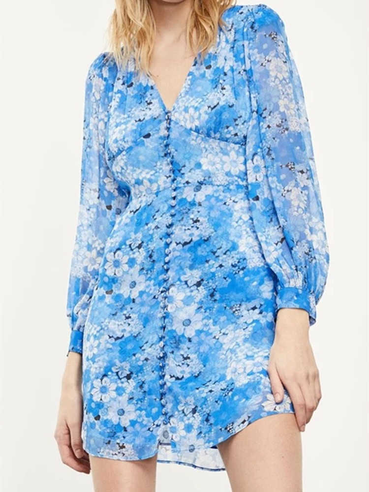 Women Flowers Print Midi Dress V-neck lady Lantern Sleeve Dating Fairy Floral Female Long dresses With Buttons 210630