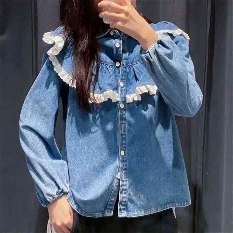 Elegant Women Blue Denim Shirts Fashion Ladies Lace Ruffles Tops Sweet Female Chic Turn Down Collar Blouses 210527