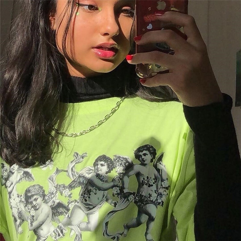 kuakuayu HJN Four Cherub Print Lime Light Green T Shirt Women Summer Tops LIGHT Green Streetwear Vintage Casual Oversized Tees 210306