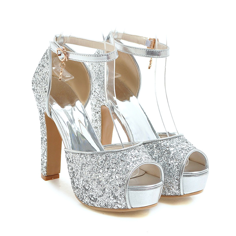 WETKISS Summer High Heels Sandals Women Bling Peep Toe Ankle Strap Footwear Silver Platform Sandals Wedding Shoes Female 210309