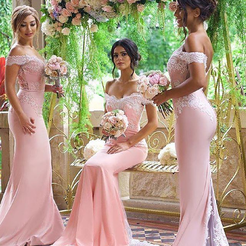 

2021 Pink Cheap Bridesmaid DressesOff Shoulder Lace Appliques Mermaid Bridesmaid Dress Back Button Sweep Train Wedding Guest Dresses