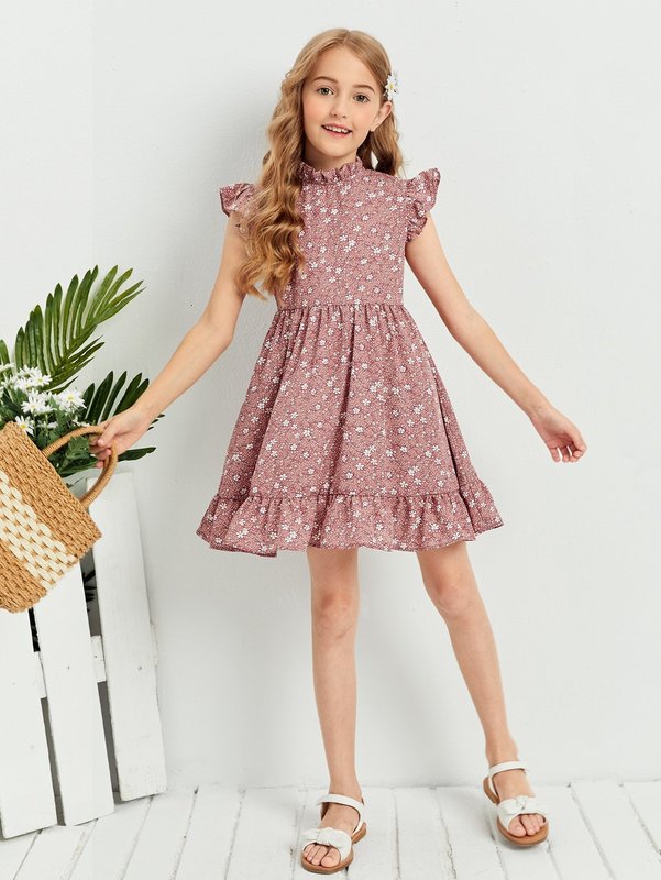 Girls Ditsy Floral Butterfly Sleeve Ruffle Hem Dress SHE
