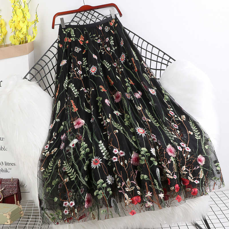 Summer Women Mesh Skirt Fashion Flowers Embroidery Long Ladies Elegant Voile Appliques Mid-calf Swing s 210619