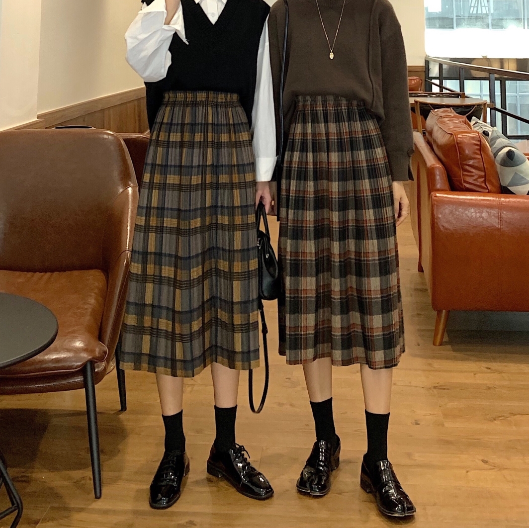 Vintage Plaid Pleated Long Skirts High Waist Winter Women Korean Woolen Skirt Streetwear Drawstring Elastic Waist Midi Skirt 210306