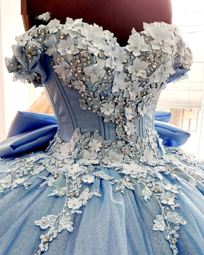 Light Blue Quinceanera Dresses Ball Gown Off Shoulder Lace Crystal Beads Pearls With Flowers Tulle Plus Size Sweet 16 Party P