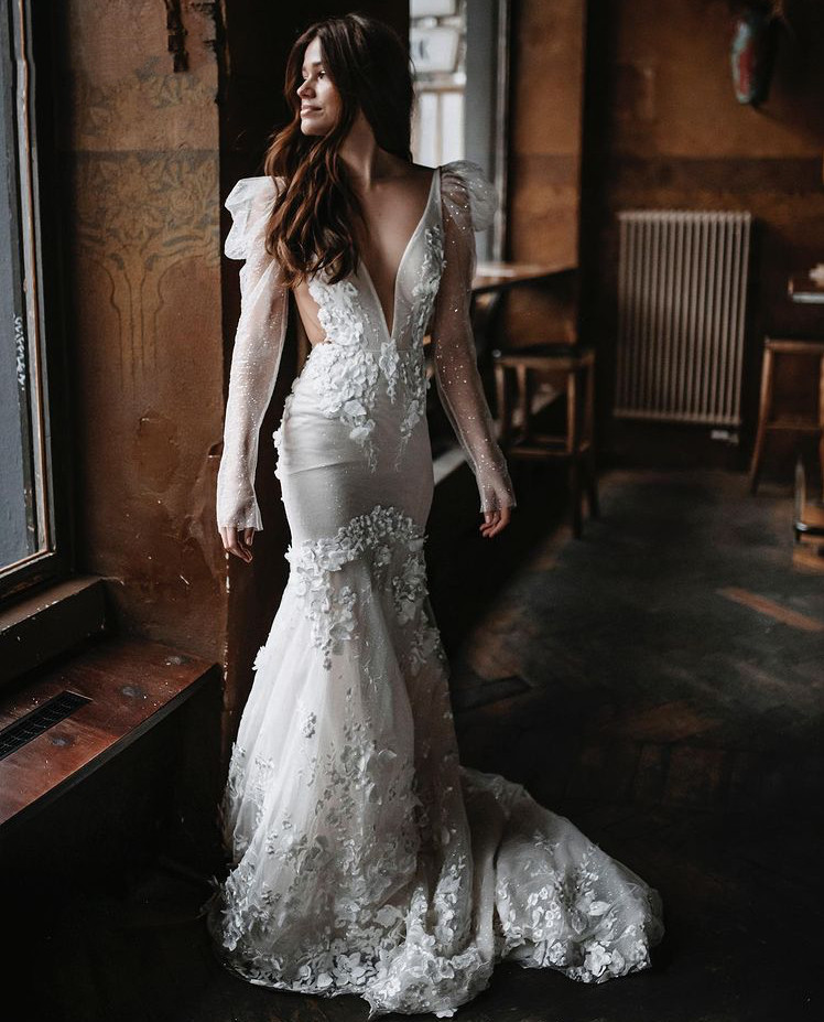 Floral Lace Mermaid Wedding Dresses 2022 berta Illusion long Sleeve Boho Country backless fishtail Bridal Gowns spring trading co