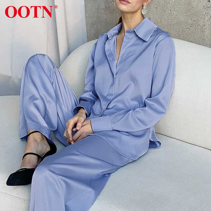 OOTN Blue Satin Home Suit Wear Spring Brown Long Sleeve 2 Piece Top And Pants Women Sets Loose Casual Solid Ladies Trousers Set 210707