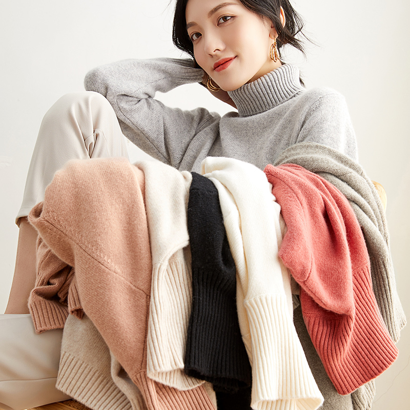 Sweater women's new high lapel pullover pure color loose wild knitting Wool base warm cashmere turtleneck sweater large size 210218