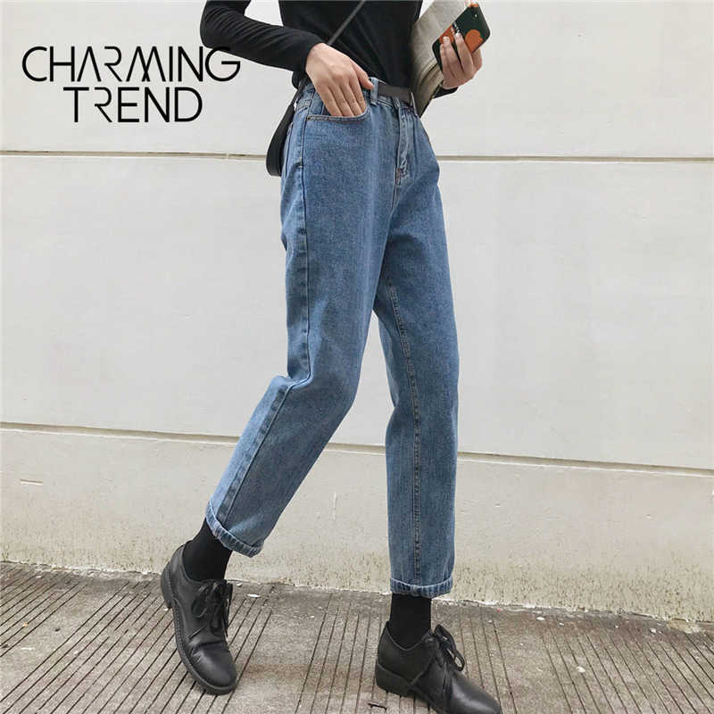 Womens Jeans Pant Black Korean Crop Girls Students Vintage Solid Long Pants Fit Female High Waist Denim Women 210922